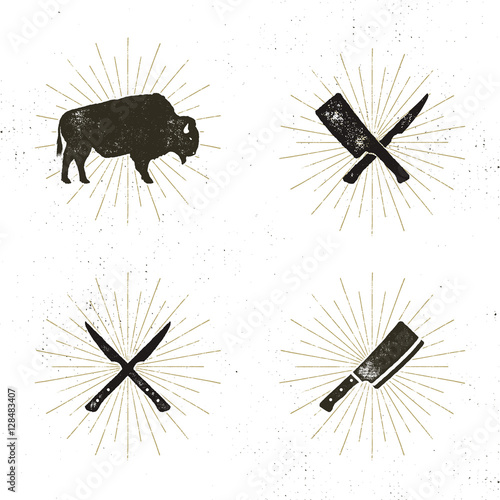 Set of steak house, butcher house and meat tools - crossed carving knives for steak, cut, bison with sun bursts. Retro letterpress design of steak house, bbq equipment. Stock vector