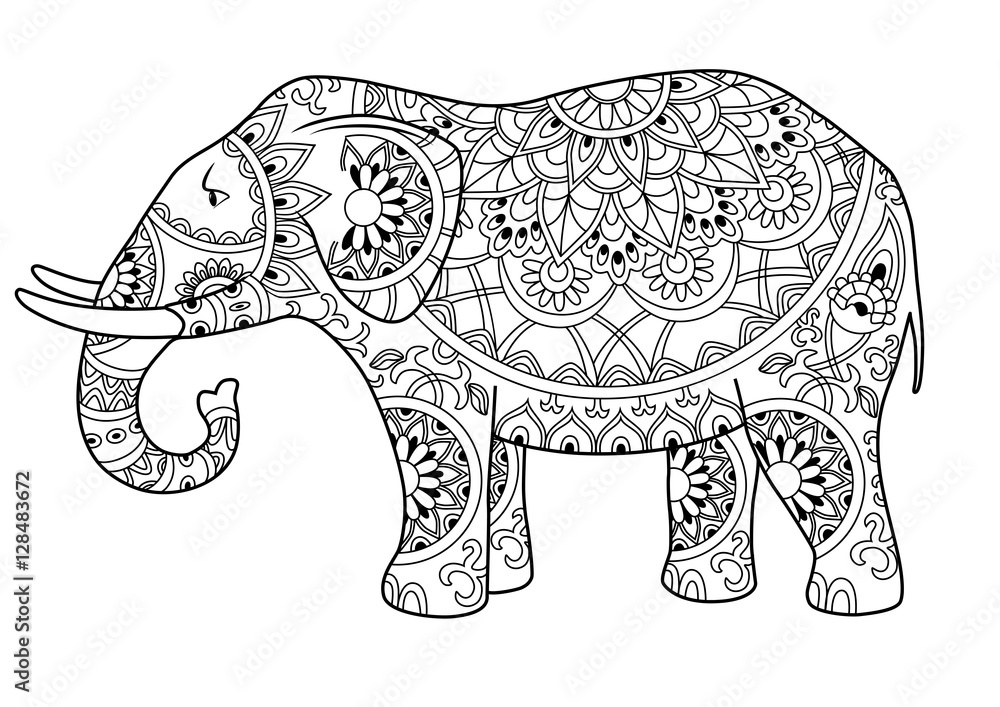 Hand drawn decorative outline elephant with Indian patterns. Adult ...
