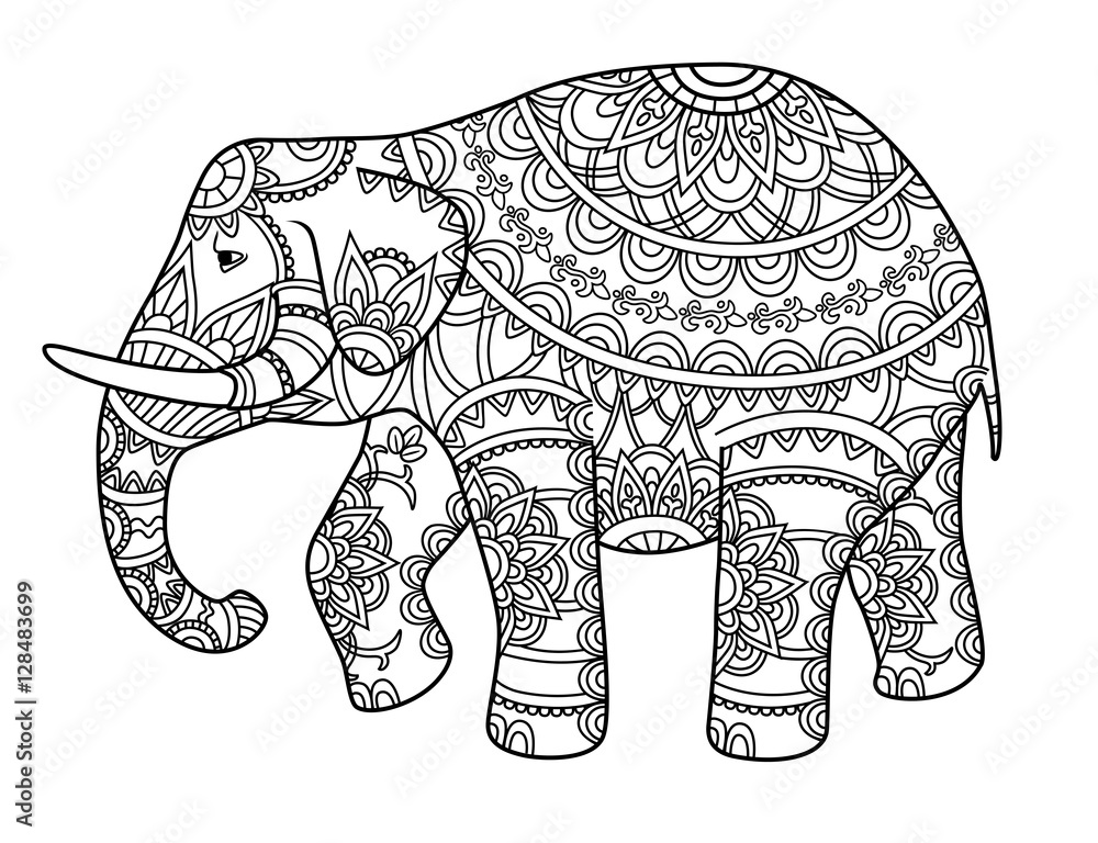 Hand drawn decorative outline elephant with Indian patterns. Adult ...