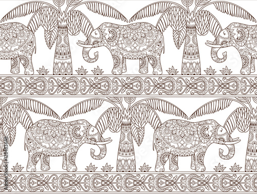 Seamless pattern with outline decorative elephants and palm trees in ethnic style and ornamental borders. Indian traditional pattern. Wallpaper. Coloring book. Vector illustration