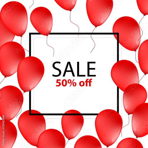 Sale Poster, banner with red balloons on white background with frame vector illustration
