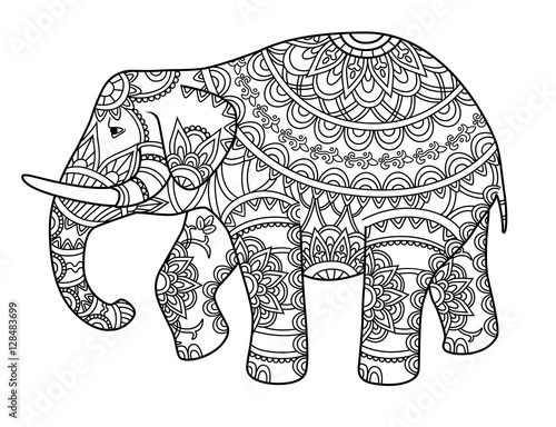 Hand drawn decorative outline elephant with Indian patterns. Adult coloring book page. Horizontal drawing with ethnic ornament. Vector illustration