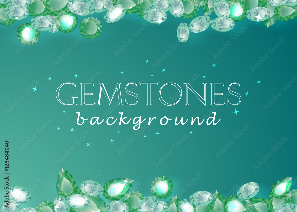 sparkling gemstones emeralds on green background, frame, border. vector