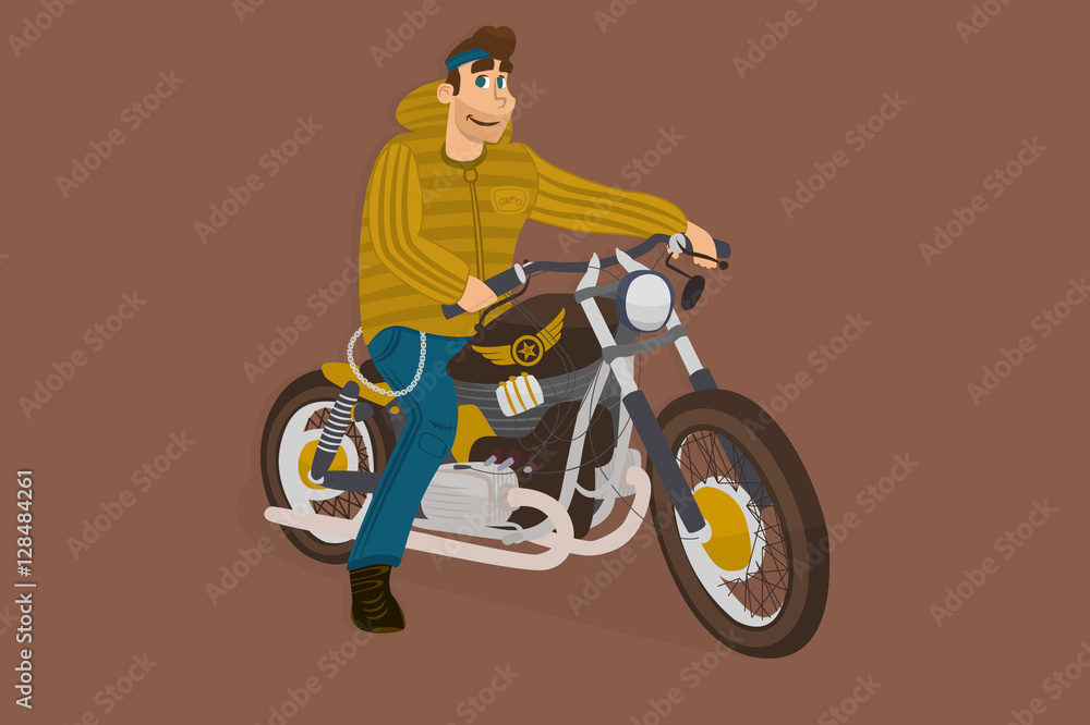 Cartoon motorcycle with driver. vintage stylish bike. flat design for logo Stock Vector | Adobe Stock Cartoon motorcycle with driver. vintage stylish bike. flat design for logo Stock Vector | Adobe Stock