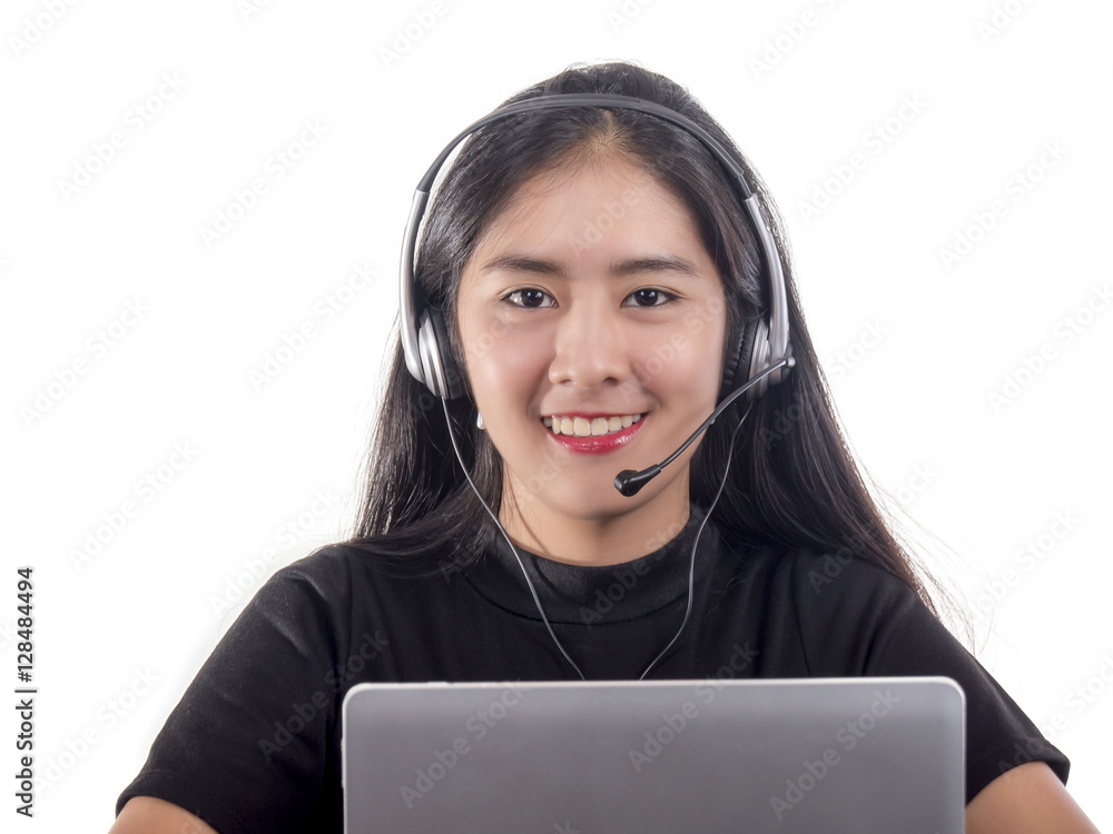 Portrait of woman customer support phone operator in headset, is Portrait of woman customer support phone operator in headset, is