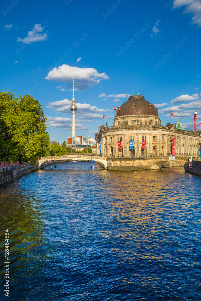 Berlin Museumsinsel with TV tower at sunset, Berlin, Germany