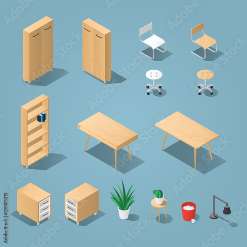 Isometric light brown office furniture set. Collection includes tables, shelves, bureau, cabinet, locker, lamps, chairs, houseplants, trash bin and cactus. Stock vector.