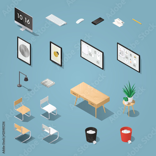Isometric office furniture and computer set. Detailed objects. Collection includes mid century table, chair, painting, picture, board, lamp, chair, houseplants, desktop computer, keyboard, phone.
