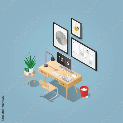 Isometric vector home office concept illustration. Workplace interior set: mid century office table, modern chair, pictures, board, home plants, desktop computer, lamp, trash can, letters, keyboard.