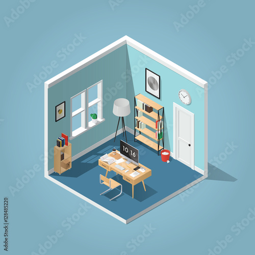 Home office concept isometric vector illustration. Detailed isometric side view interior home office room with bookshelf, desk, clocks, box, chair, books, laptop / computer, papers, coffee cup.