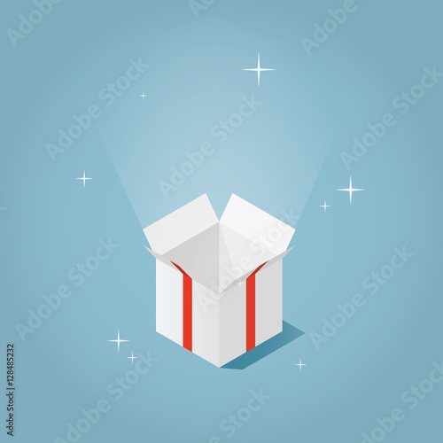 Isometric vector present box illustration. The christmas or birthday surprise concept. Isometric opened gift box with bow, red ribbon and sparkles.