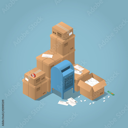 Vector isometric mail delivery concept illustration. Stacks of parcel boxes of different sizes, letters, mail office box, open box, adhesive tape and paper knife.