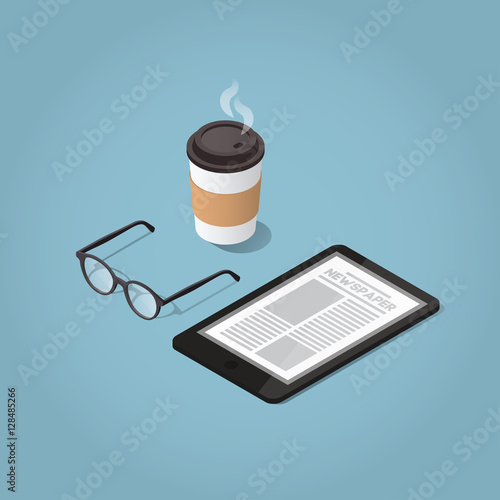 Isometric vector morning digital morning newspaper concept illustration. Tablet with a daily news website, glasses for reading and hot morning coffee. Modern business lifestyle.
