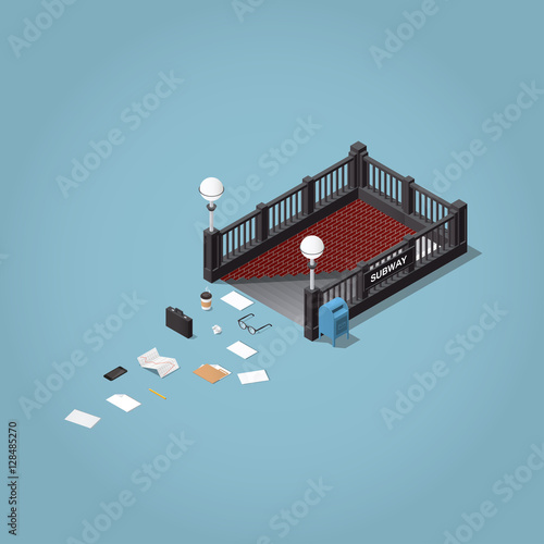 «A morning way to work» - isometric vector illustration. Subway station entrance with lost business men objects - briefcase, paper, glasses, documents, folder, phone, stock infographic.