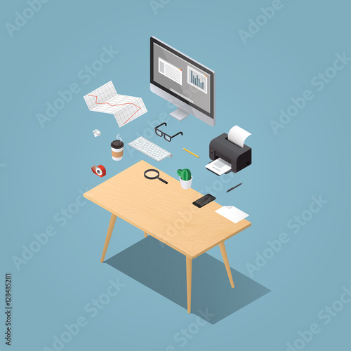 Office workplace vector isometric concept illustration. Work table composition: table, book, desktop, printer, diagram, glasses, papers, coffee, magnifier, phone, pen, keyboard, adhesive tape.