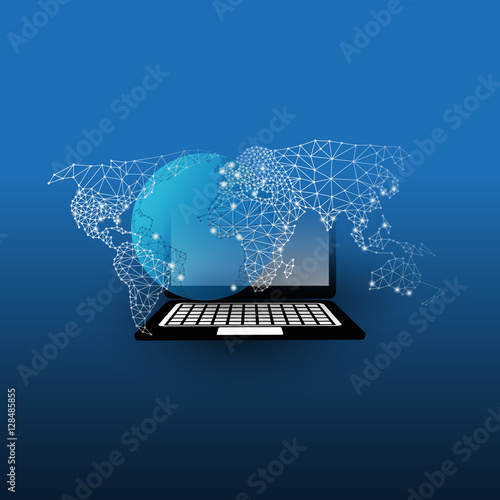 Abstract Cloud Computing and Global Network Connections Concept Design with Earth Globe, Digital Tablet, Wireless Mobile Device, Transparent Geometric Mesh - Illustration in Editable Vector Format