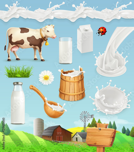 Milk and farm. Bottle, glass, spoon, bucket. Drops seamless pattern. Natural dairy products. 3d vector icon set