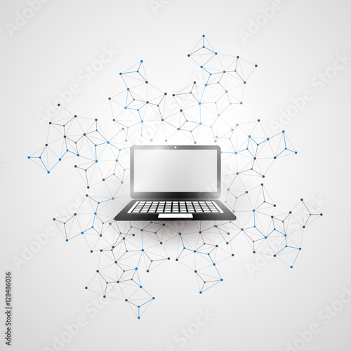 Abstract Cloud Computing and Global Network Connections Concept Design with Laptop Computer, Wireless Mobile Device, Transparent Geometric Mesh - Illustration in Editable Vector Format