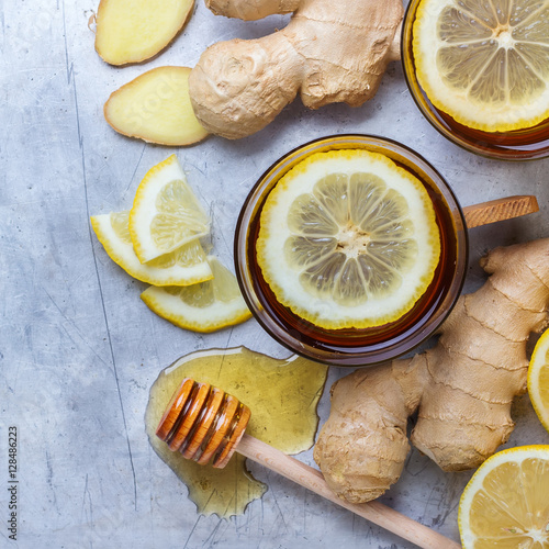 Ginger tea in a glass for flu cold winter days