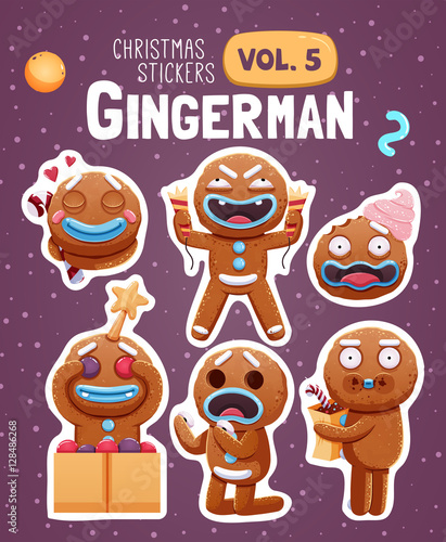 Set of christmas stickers with expressive gingerbread man cookies.