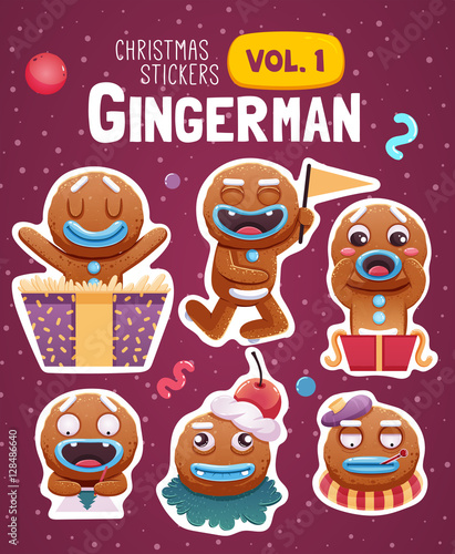 Set of christmas stickers with expressive gingerbread man cookies.