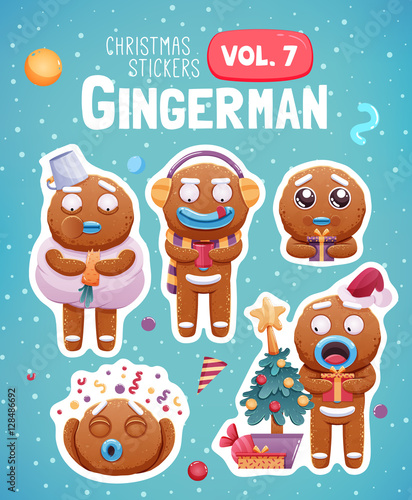 Set of christmas stickers with expressive gingerbread man cookies.