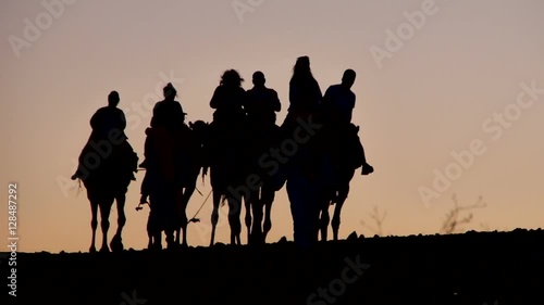 Tourists with camels in the Sahara desert - Morocco