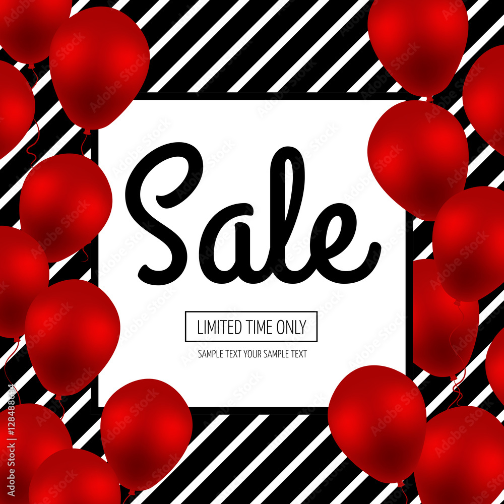 Sale Banner Template Design with Red Shining Balloons. This Weekend Special  Offer flyer. Vector poster on Black Striped Background with White Square  Frame. Seasonal sales. Space for your text. Stock Vector |