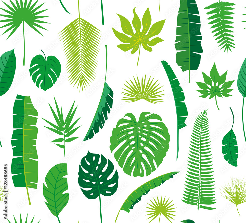 Beautiful seamless tropical jungle floral pattern background with different palm leaves. Vector illustration.