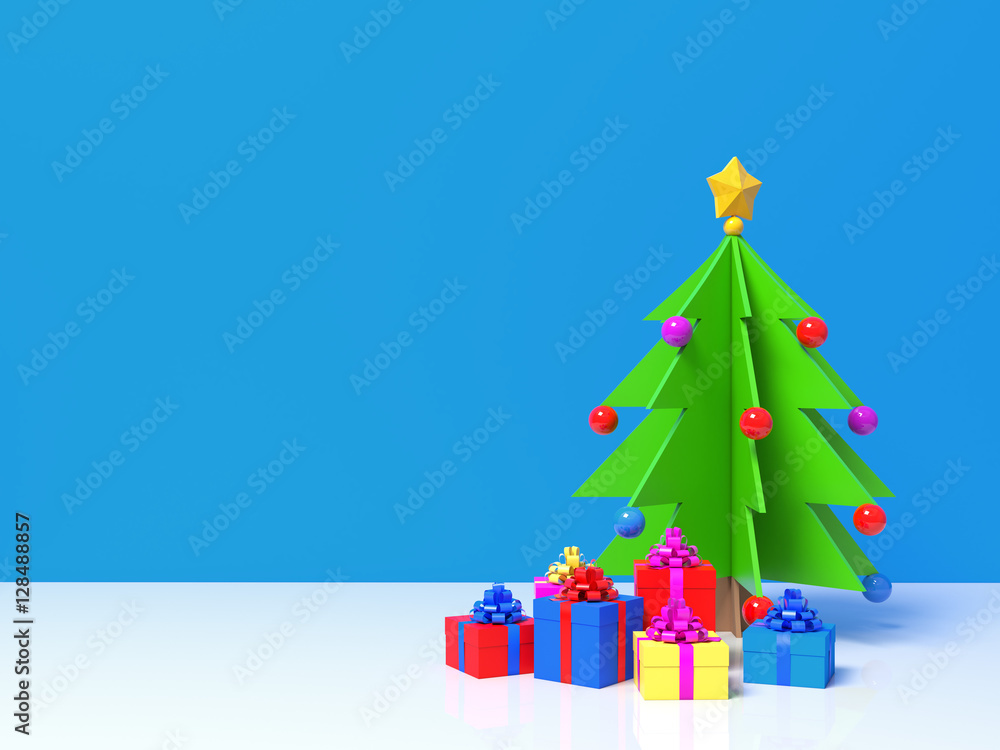 Decorative christmas paper cartoon style tree, balls toys, golden star with several present gifts boxes on blue background. Happy new year holiday theme. 3d illustration Decorative christmas paper cartoon style tree, balls toys, golden star with several present gifts boxes on blue background. Happy new year holiday theme. 3d illustration