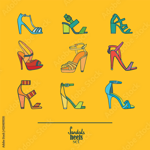 Lovely set with stylish fashion shoes, hand drawn and isolated on yellow background. Vector illustration showing various stiletto high heels sandals. Creative collection in different colors