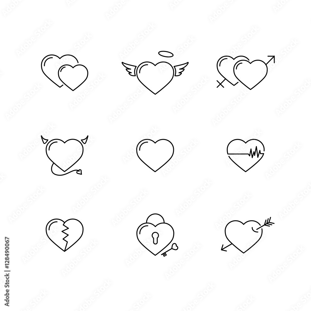 Heart icon vector set. Thin line, Outline minimalist cute sign ...