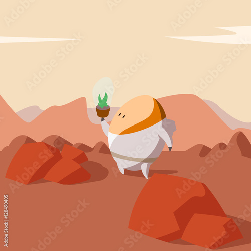 Colorful cartoon illustration of a Martian astronaut farmer growing plants on Mars for food.