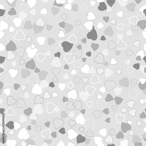 Seamless background with scattering of hearts in tints of grey color. Holiday endless wrapping wallpaper. Valentine s day in February 14. Vector illustration