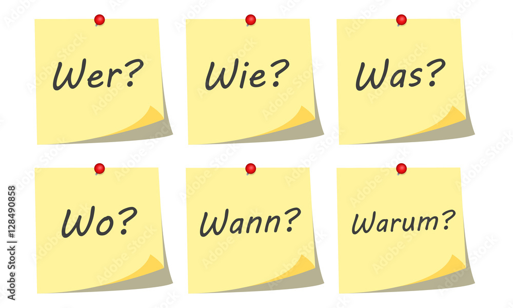 Gelbe Notiz Zettel mit W Fragen Gelbe Notiz Zettel mit W Fragen