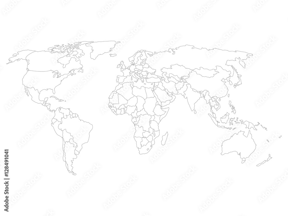 Fototapeta premium Pusta mapa świata z cienkimi czarnymi gładkimi granicami kraju na białym tle. Uproszczona płaska ilustracja wektorowa.