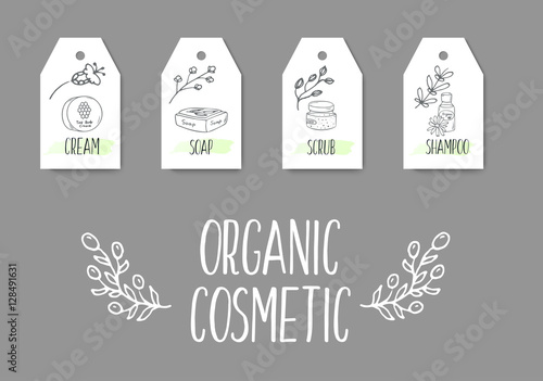 Organic cosmetics tags illustration.