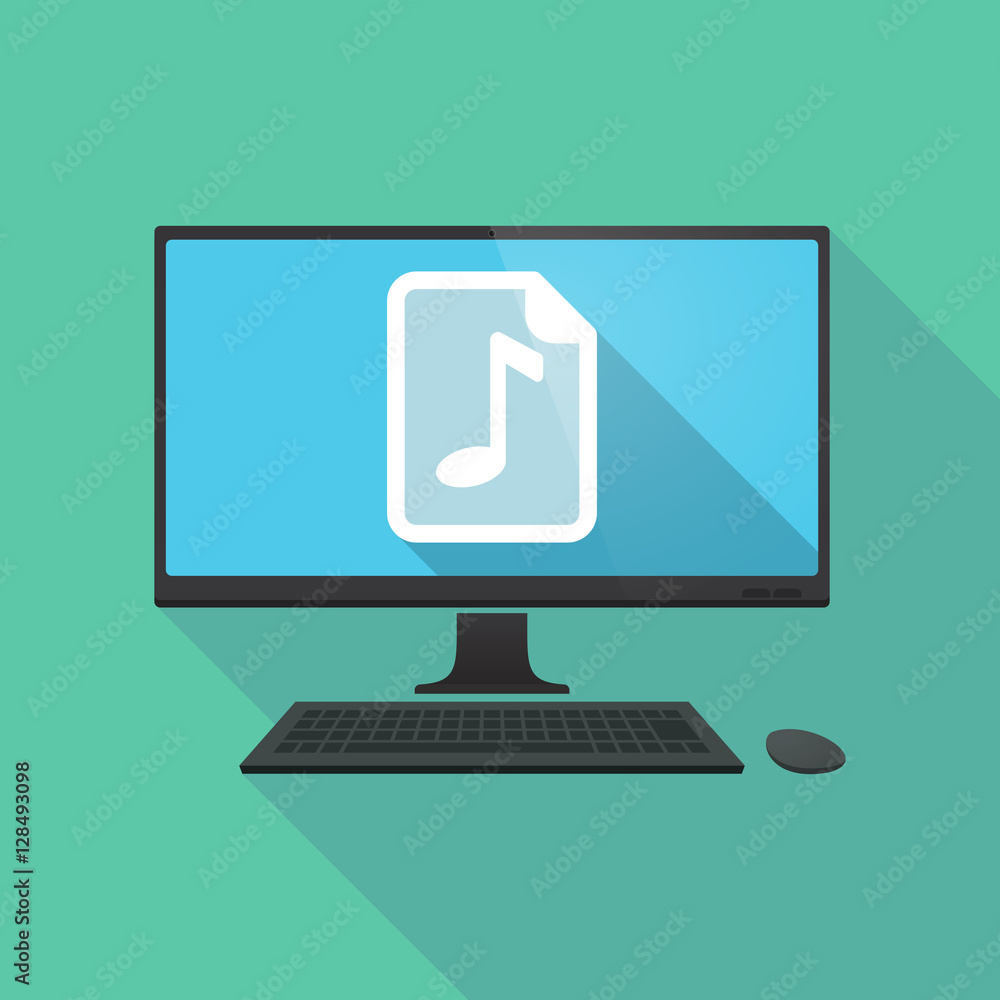 Long shadow pc with a music score icon Long shadow pc with a music score icon