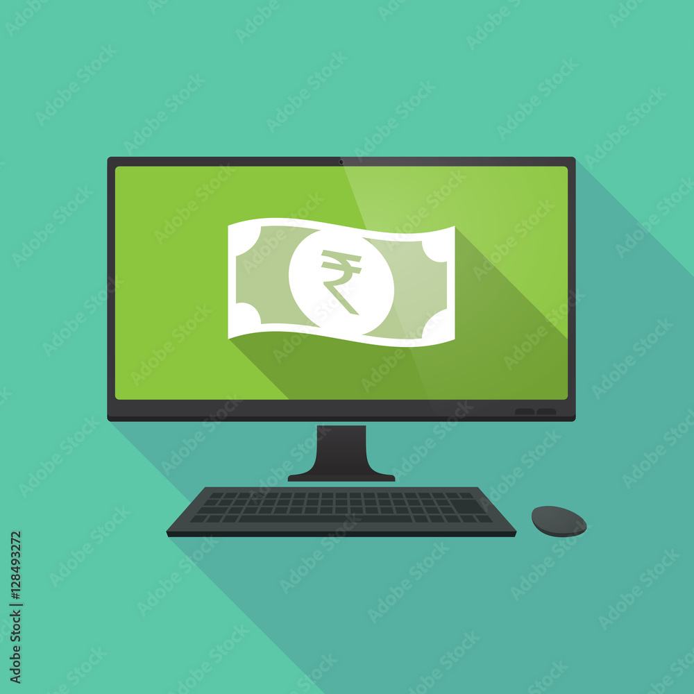 Long shadow pc with a rupee bank note icon Long shadow pc with a rupee bank note icon