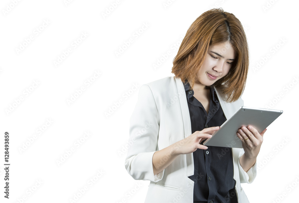 Business woman holding a tablet computer - isolated over a white background Business woman holding a tablet computer - isolated over a white background