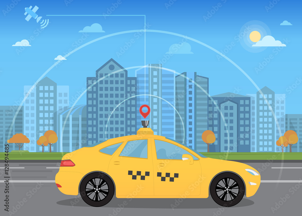Self-driving intelligent driverless taxi car goes through the city using modern navigation gps technology adapted for navigation sensor and satellite Self-driving intelligent driverless taxi car goes through the city using modern navigation gps technology adapted for navigation sensor and satellite