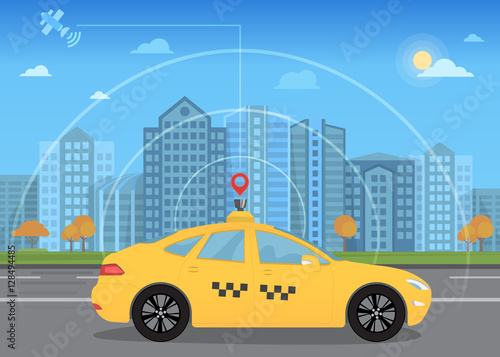 Fototapeta Naklejka Na Ścianę i Meble -  Self-driving intelligent driverless taxi car goes through the city using modern navigation gps technology adapted for navigation sensor and satellite