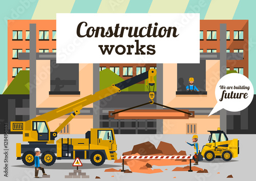 Construction works. Staff working on the construction on the background of the city. Crane car, truck. Dripping, lift, dragged. Work tool. Business, special equipment. Vector illustration