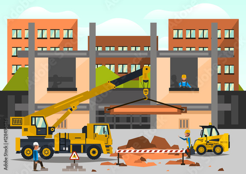 Construction site. Staff working on the construction on the background of the city. Crane car, truck. Dripping, lift, dragged. Work tool. Business, special equipment. Vector illustration