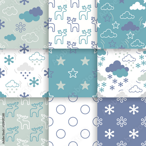 Set of Scandinavian trend seamless winter pattern. Minimalistic xmas vector seamless pattern perfect for wallpaper, textil cotton print, bed linen, holiday package or wrapping paper.
