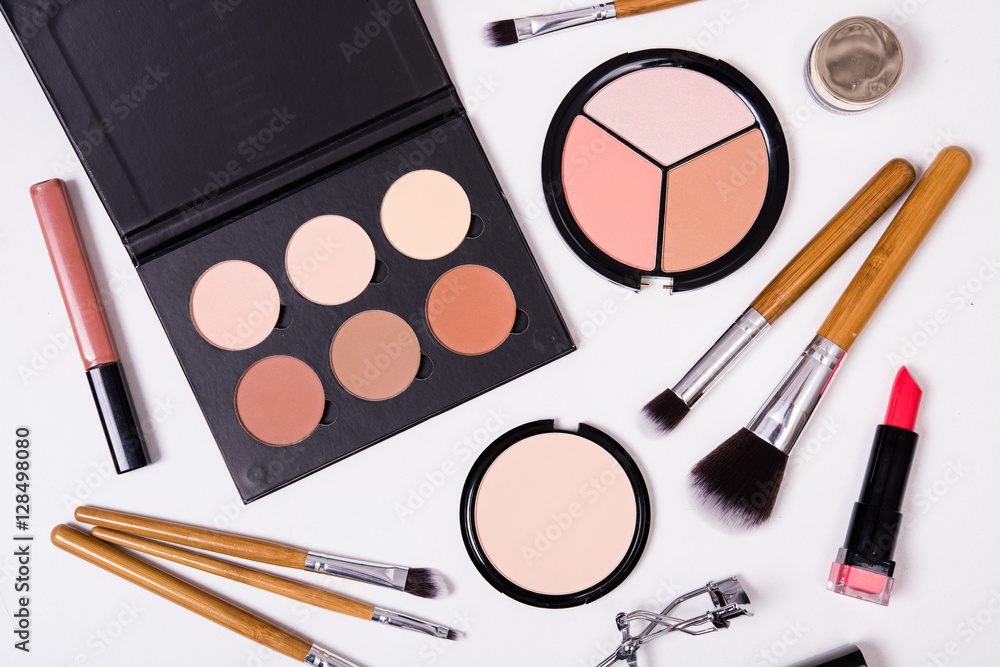 Professional makeup tools, flatlay on white background Professional makeup tools, flatlay on white background