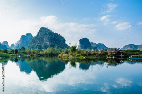 The karst mountains and river scenery in the evening 