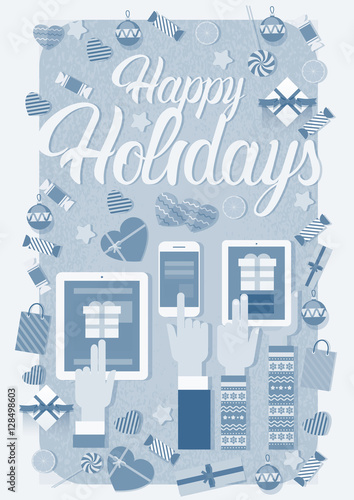 Hands Hold Device Electronics Gadget New Year Laptop Phone Tablet Christmas Gift Decoration Vector Illustration
