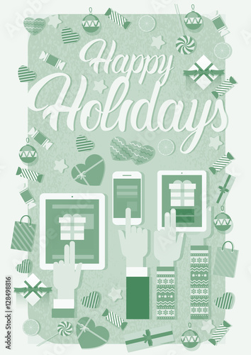 Hands Hold Device Electronics Gadget New Year Laptop Phone Tablet Christmas Gift Decoration Vector Illustration
