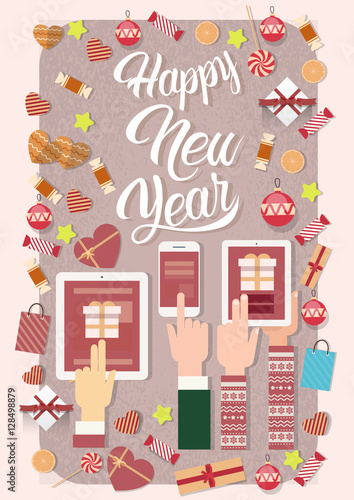 Hands Hold Device Electronics Gadget New Year Laptop Phone Tablet Christmas Gift Decoration Vector Illustration